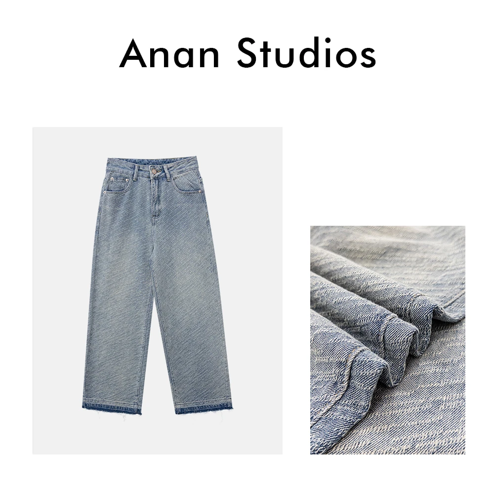 AAA039【罗马假日】新款宽松斜条提花高腰直筒牛仔裤★