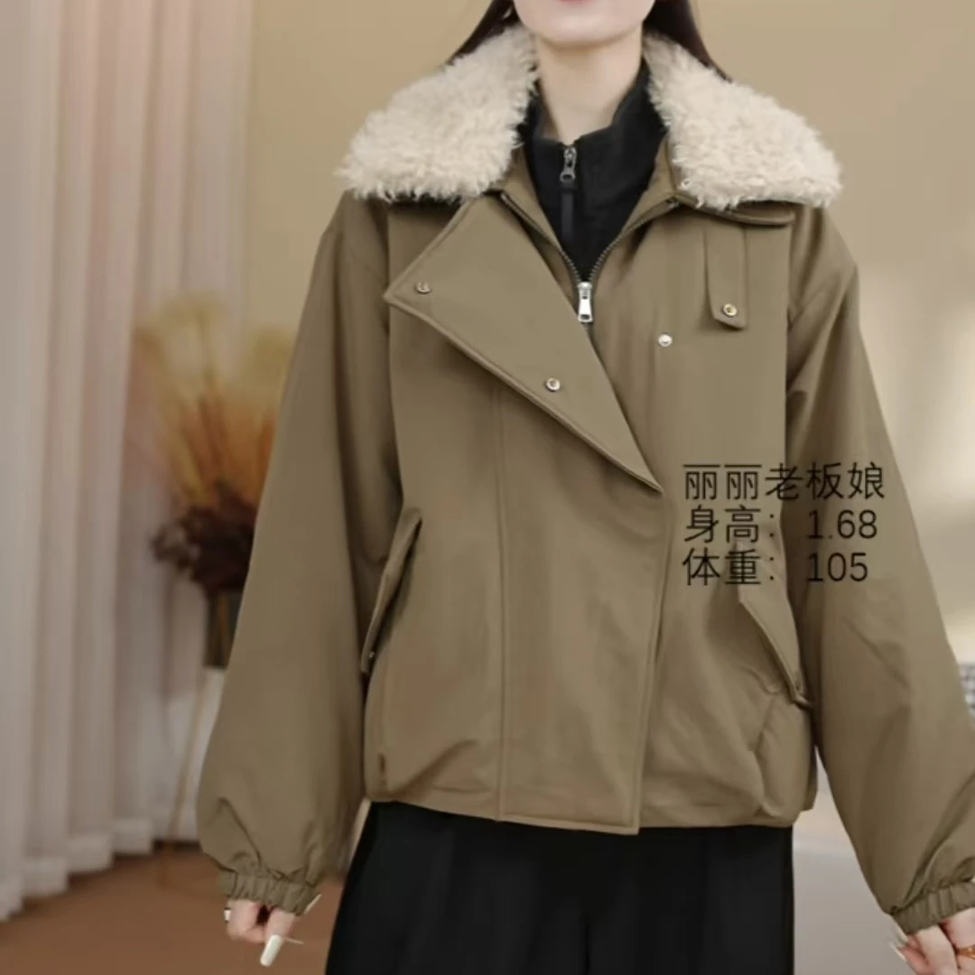 #367【涵宇】2025秋冬新款设计感纯色毛领棒球棉衣短款夹棉外套女