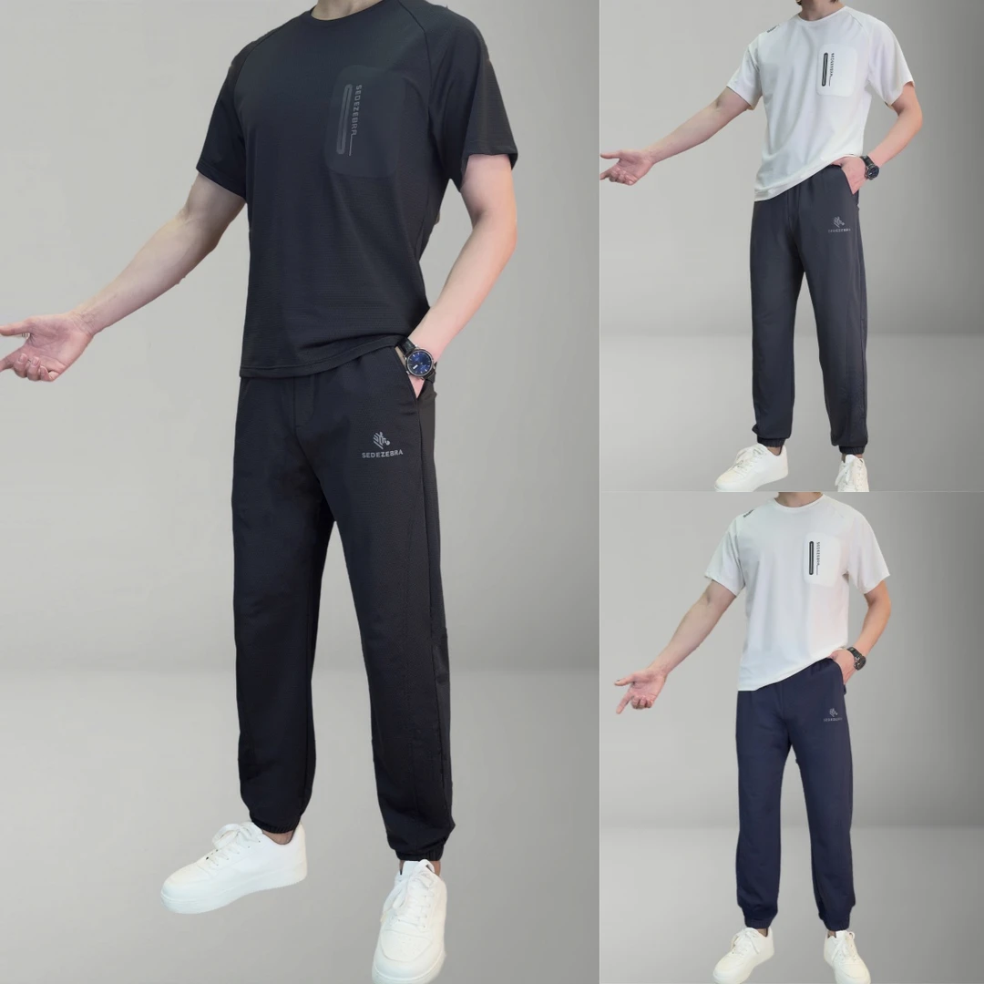 高弹力纯色透气夏季休闲裤男装户外圆领宽松舒适套装AD656