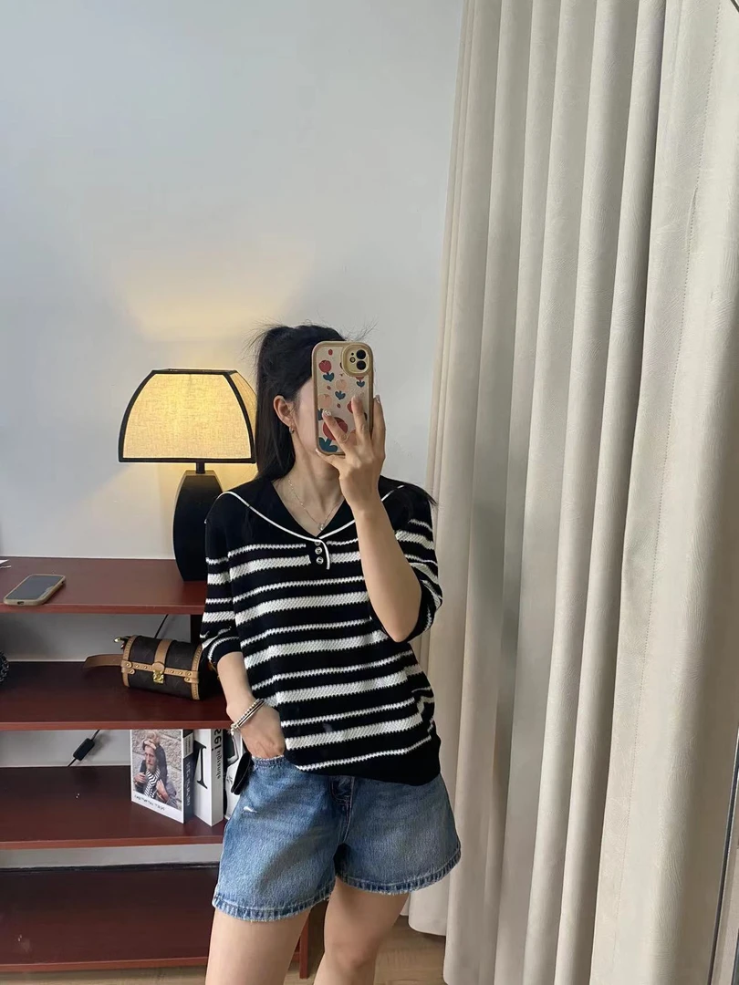 【慧慧精选】夏季新品 减龄海军风娃娃领莱塞尔上衣