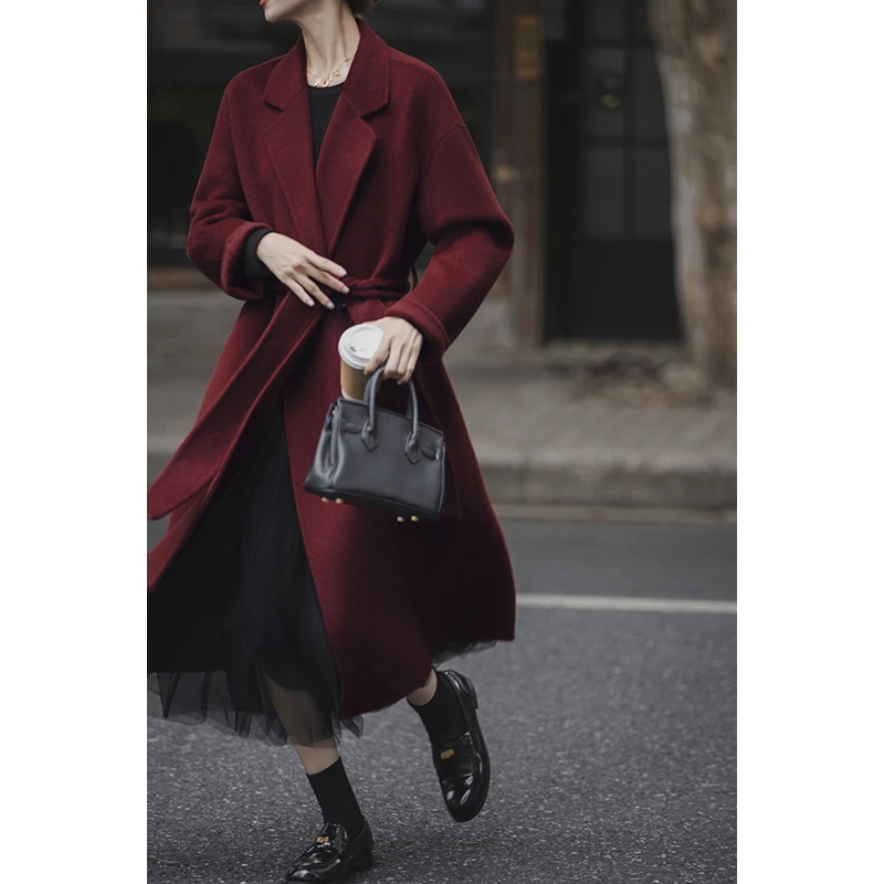 小谷粒奶糖大衣100全羊毛 平驳领 双排扣 腰带 下摆开衩