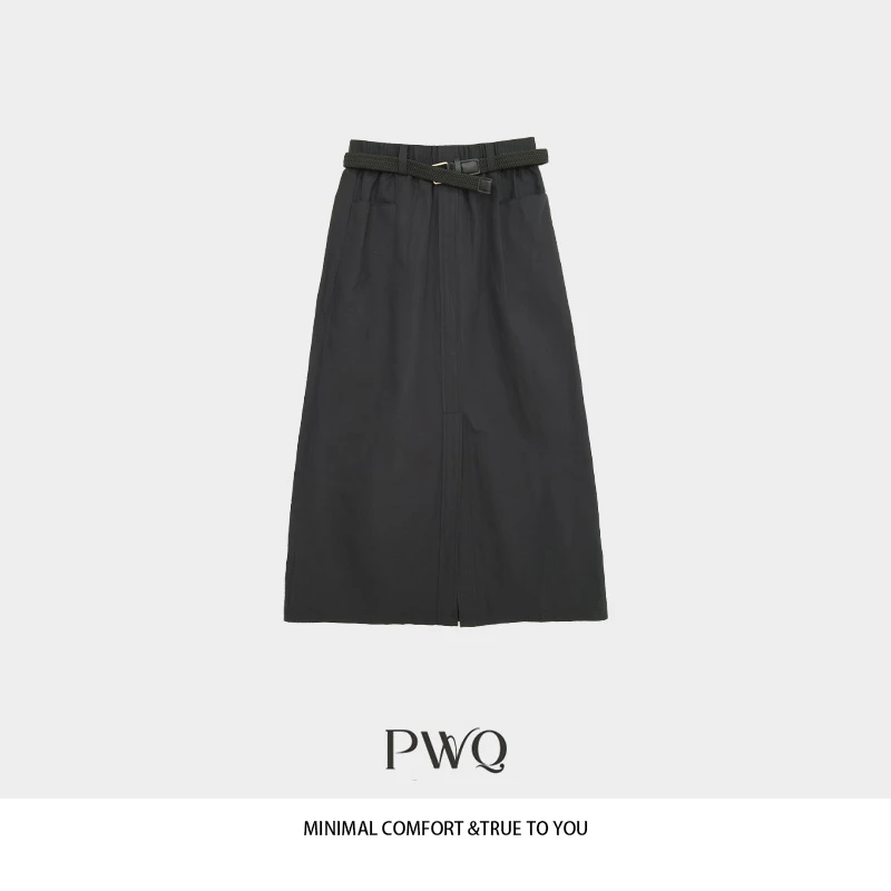 【亚麻工装】半身裙高腰编织腰带包臀前开叉中长裙BYM-25426XS19