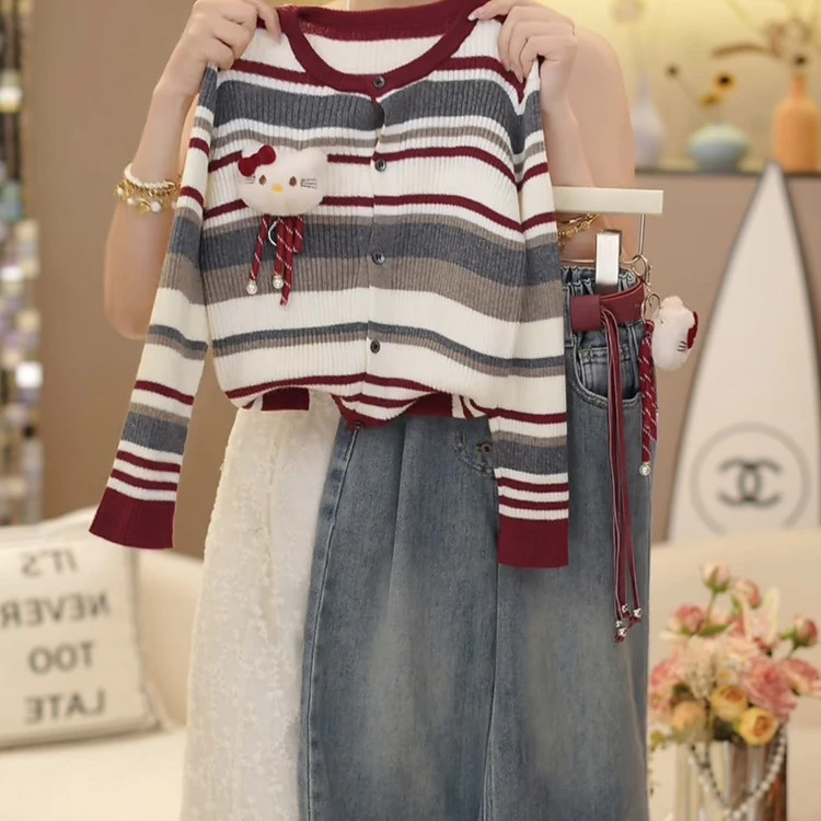 女童套装秋季2025新款洋气条纹卡通小女孩外套针织毛衣开衫两件套