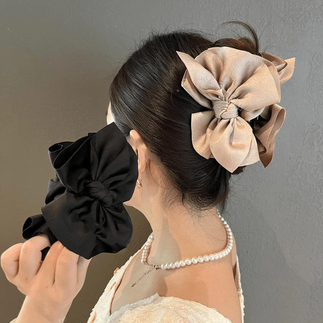 帛菲 式优雅高级感时尚百搭黑色蝴蝶结抓夹气质发夹缎面韩系