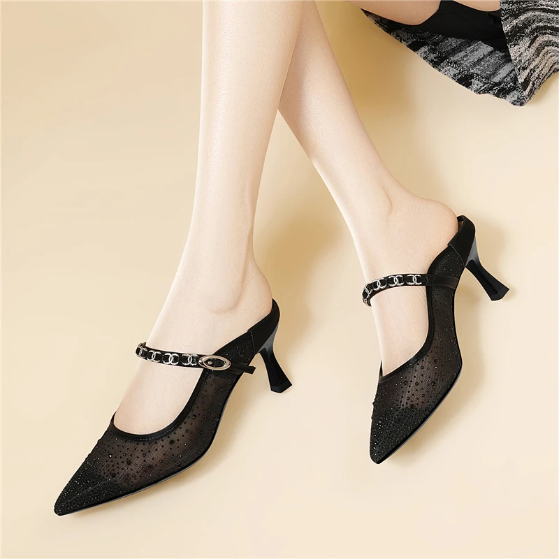 法式2025夏季新款尖头一字带高跟鞋包头半拖鞋外穿蕾丝网纱凉鞋女