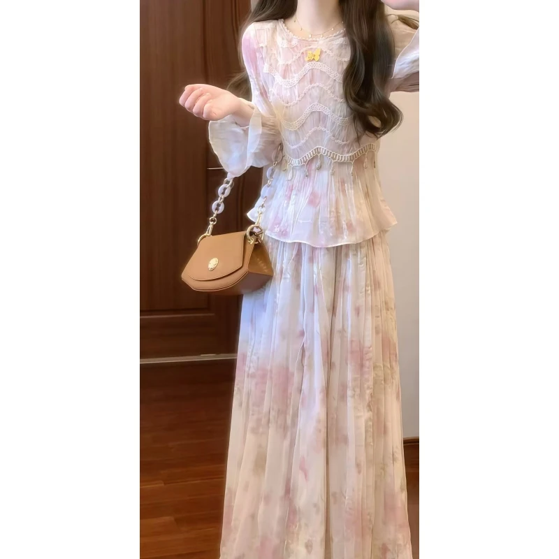 富家千金风温柔提气色重工压褶假两件上衣&半身裙两件套装裙9731