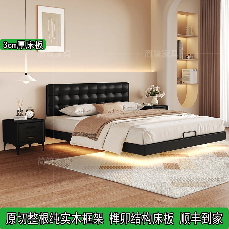 华夫格悬浮床带灯黑色现代简约主卧1.8米双人薄床头中古风真皮床