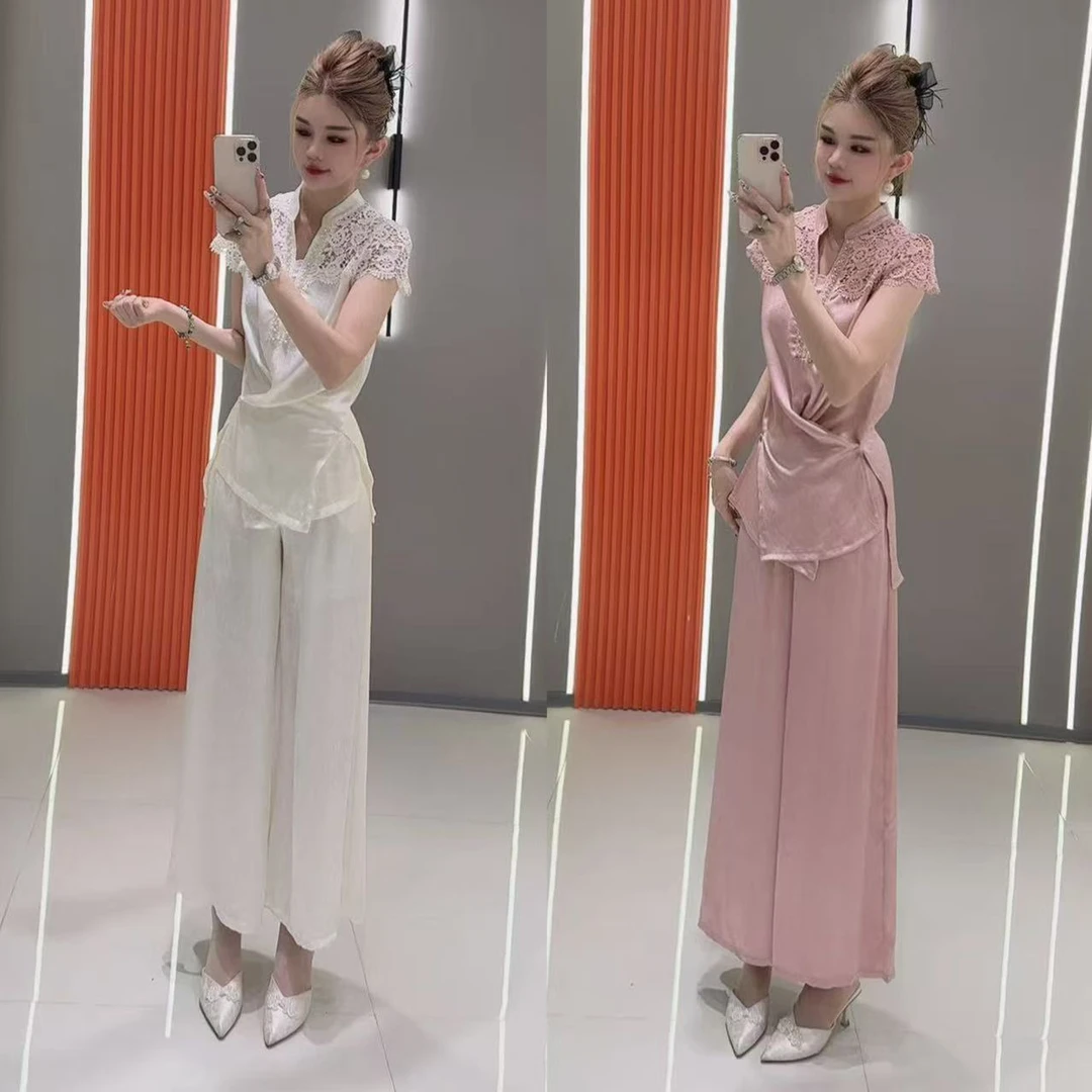 上新2079 气质设计感蕾丝拼接收腰短袖上衣 加 直筒长裤 两件套