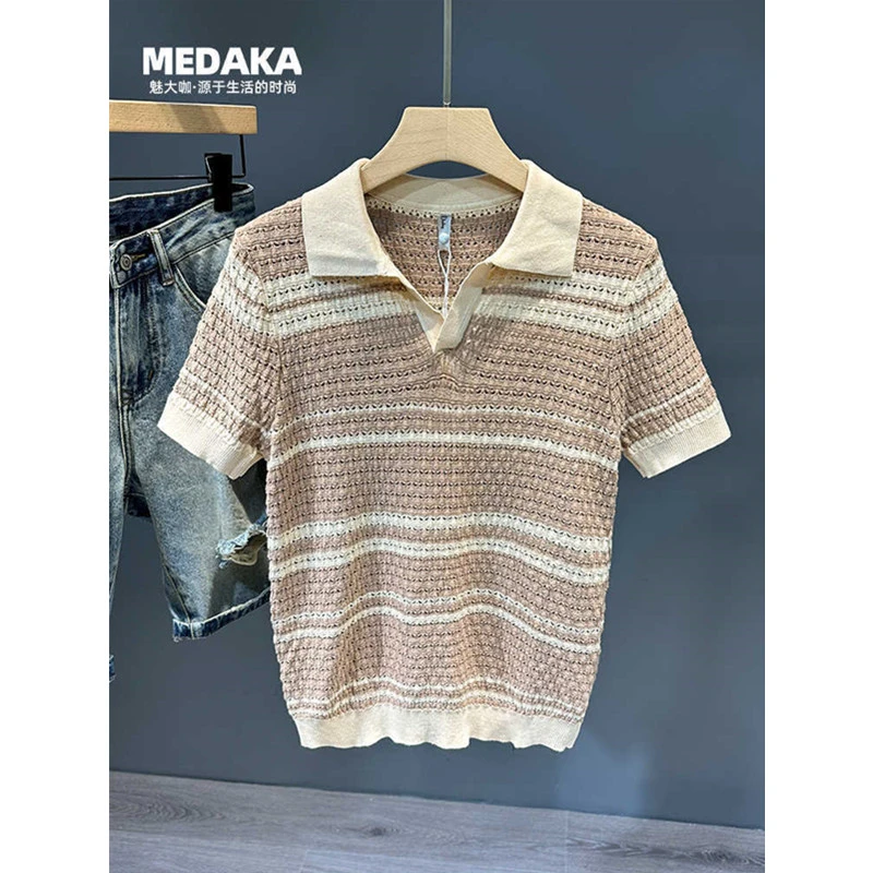 高端薄款镂空短袖针织衫男夏季凉感透气舒适T恤高级感带领POLO衫