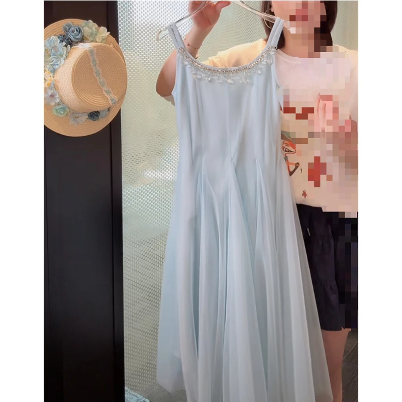 法式高级感绝美连衣裙女童夏季2025新款镶钻吊带中长裙防晒套装