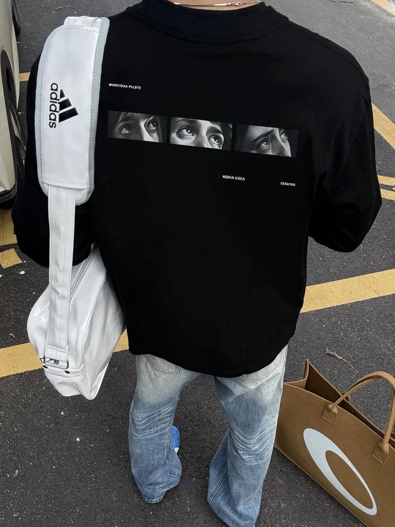 【重磅纯棉】秋季新款美式圆领长袖T恤男设计感百搭圆领打底上衣潮