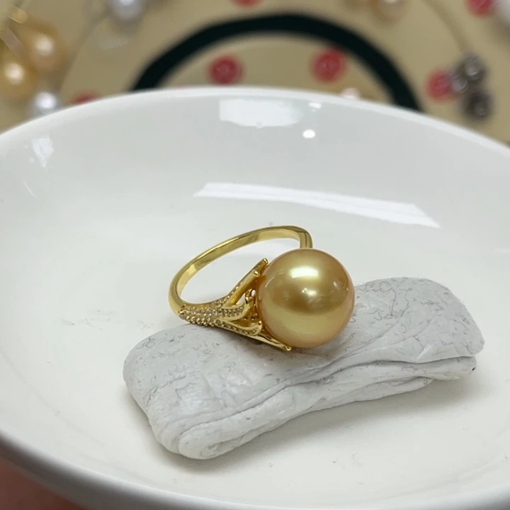 戒圈海水珍珠银S925镶嵌金珠11-12mm46