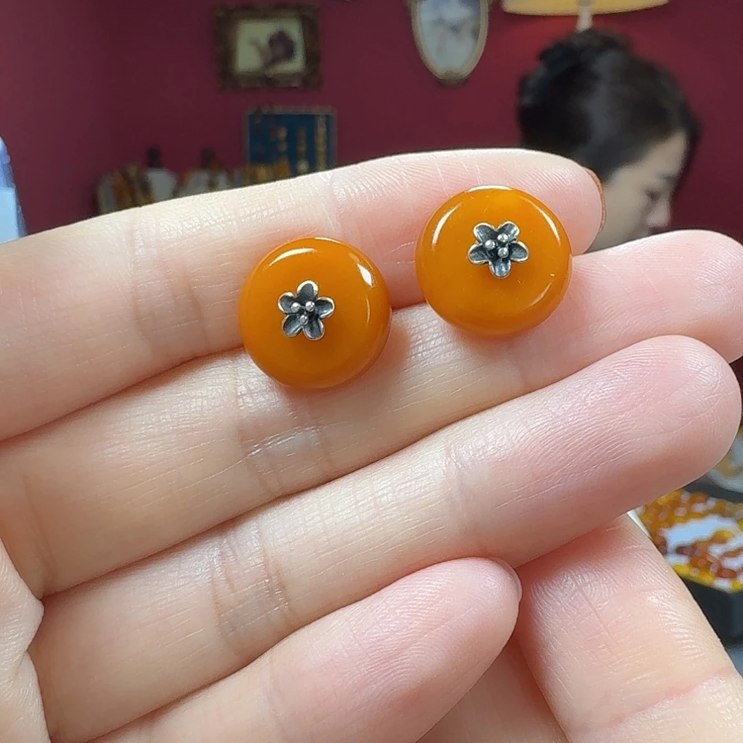 蜜蜡银S925镶嵌耳钉耳钉