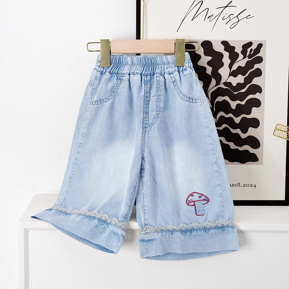 女童韩版夏季莱赛尔七分裤牛仔裤2025夏款花边绣花阔腿裤