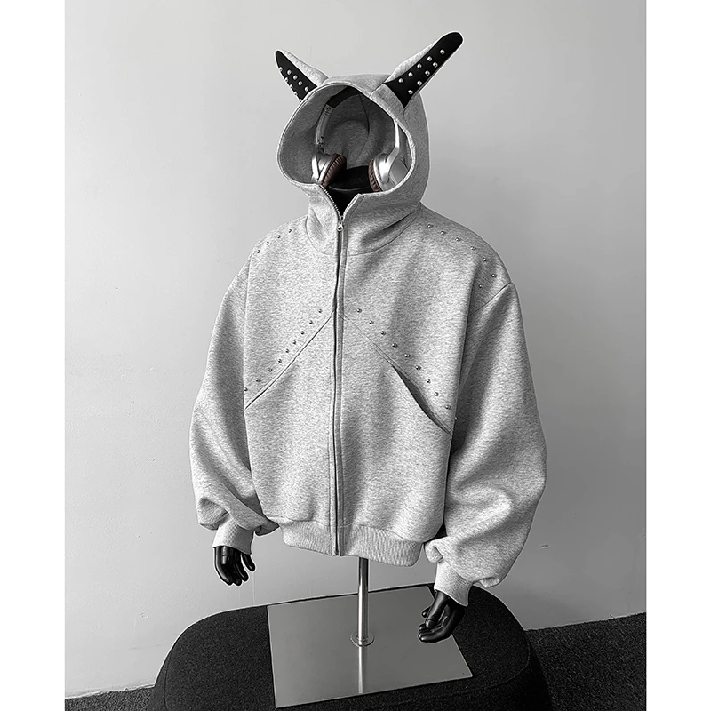 美式cleanfit大耳朵连帽卫衣男潮牌铆钉设计情侣痞帅拉链开衫外套