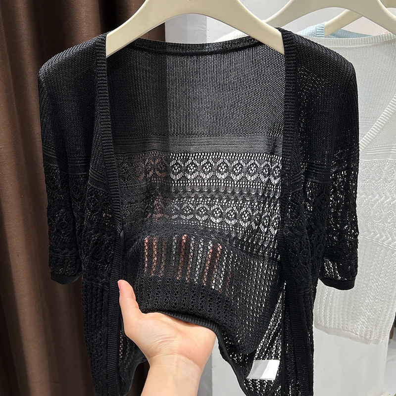 2025夏季新款黑色中袖外搭开衫时尚软糯针织披肩宽松薄款防晒上衣