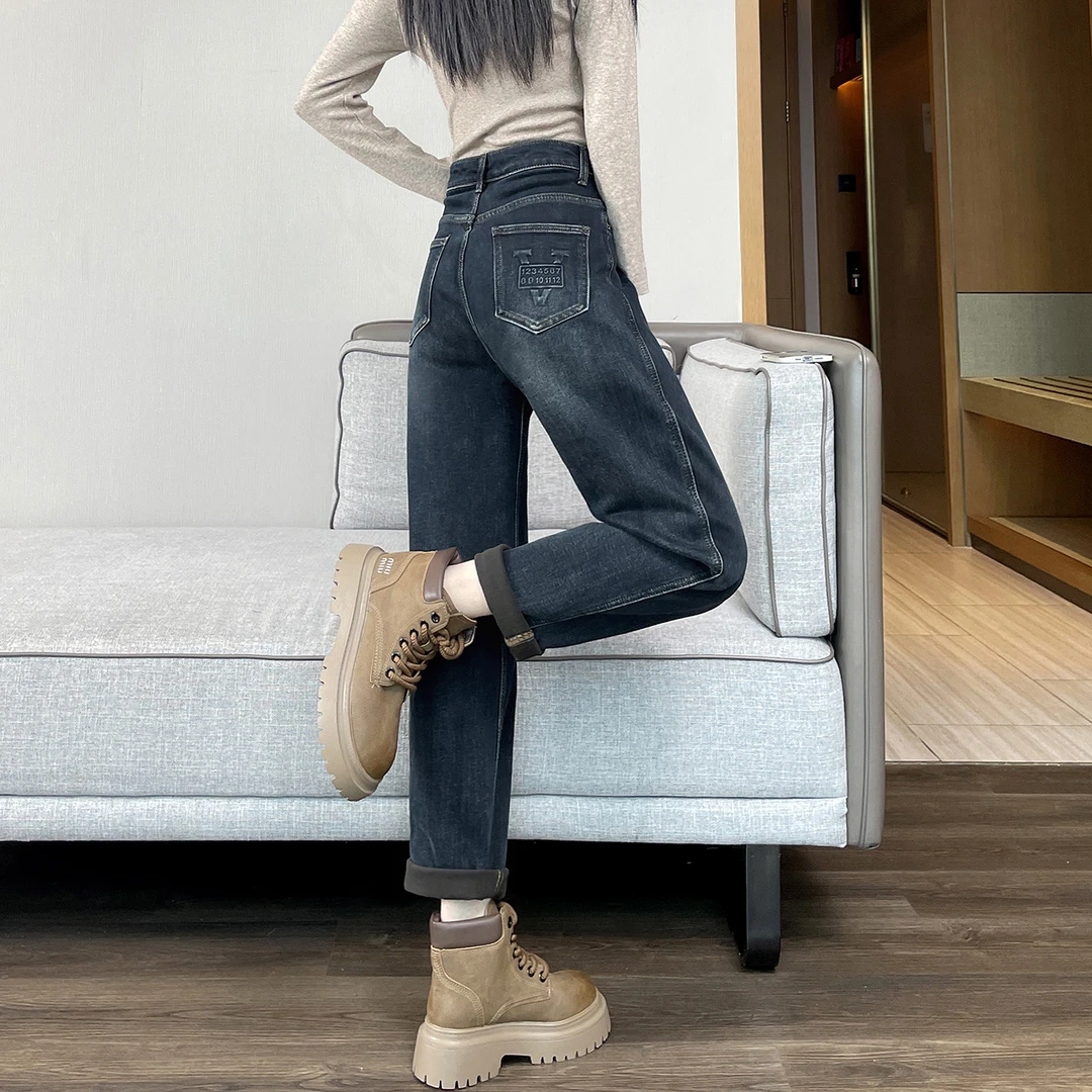 加绒加厚哈伦牛仔裤女秋冬高腰显瘦宽松大码胖MM加厚保暖老爹裤子
