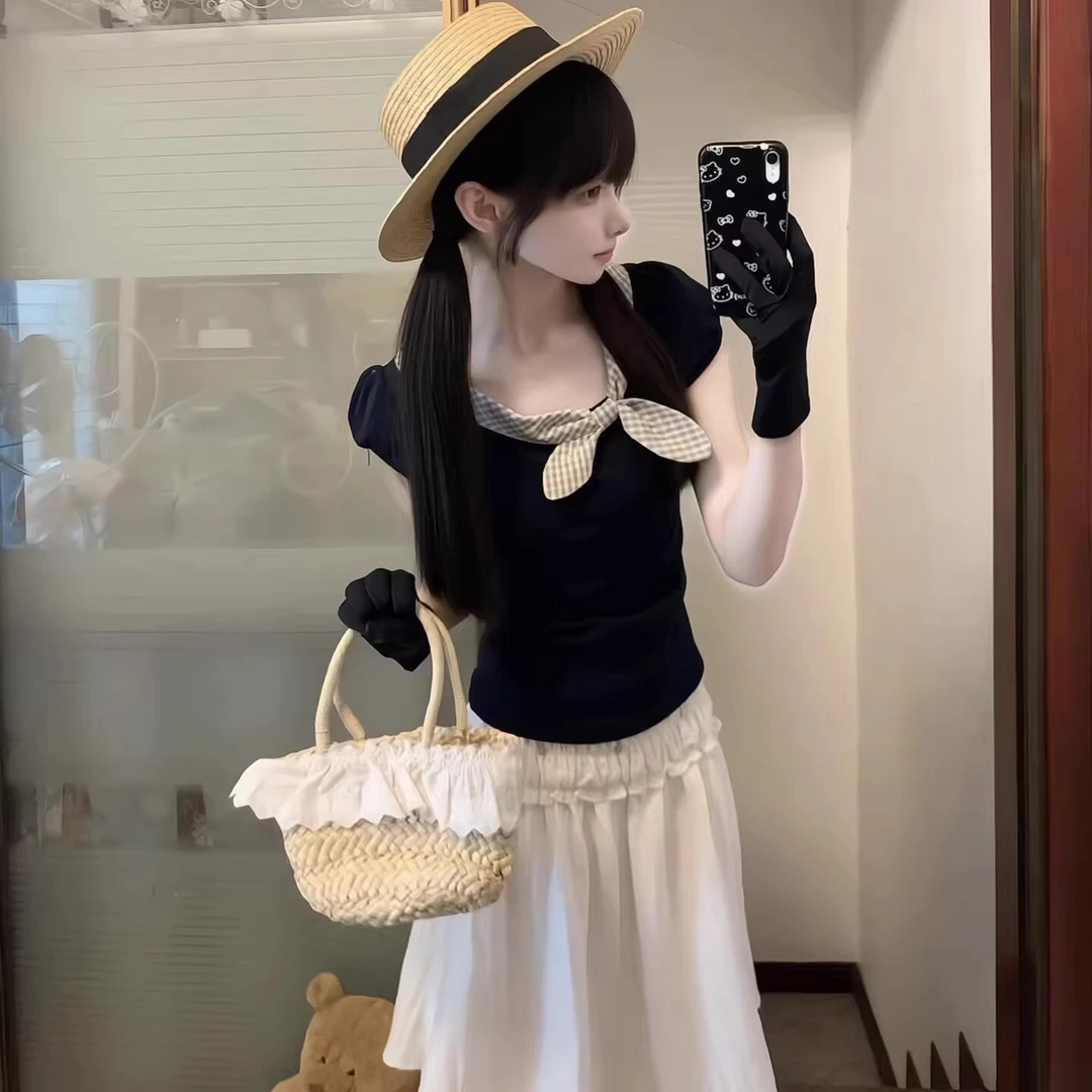 韩系藏青色蝴蝶结正肩短袖T恤女夏季修身显瘦漂亮独特超好看上衣