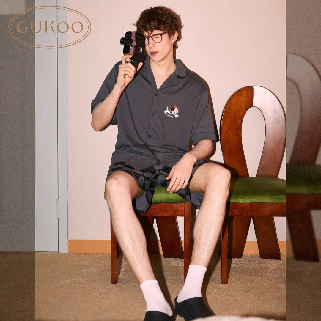 Gukoo/果壳纯棉轰轰小狗睡衣套装男士家居舒适休闲宽松夏季