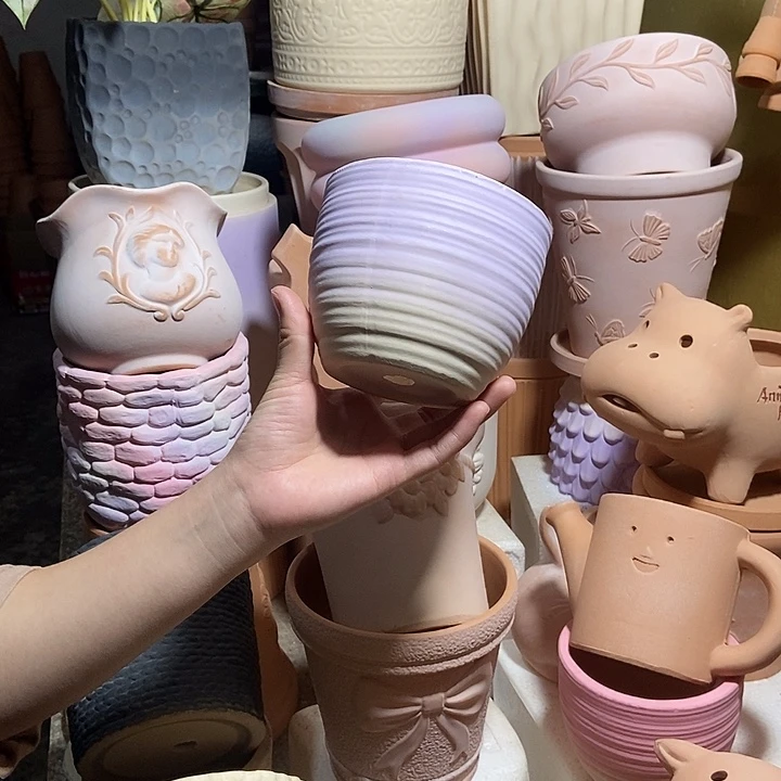 12×10紫色拉丝盆 粗陶2个