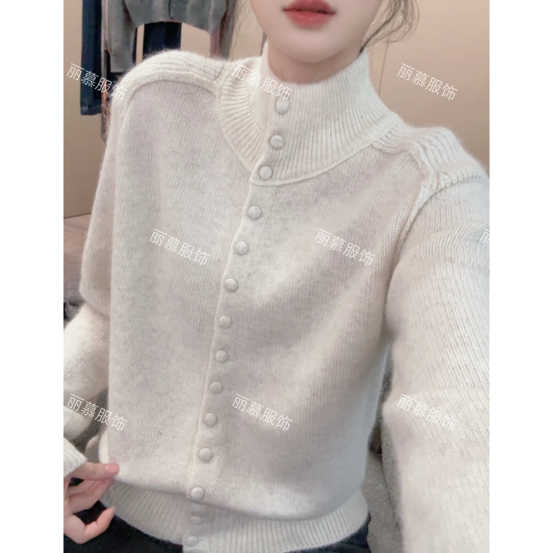 【米白·云间衫】半高领包扣马鞍肩纯色慵懒风软糯针织毛衣开衫2238