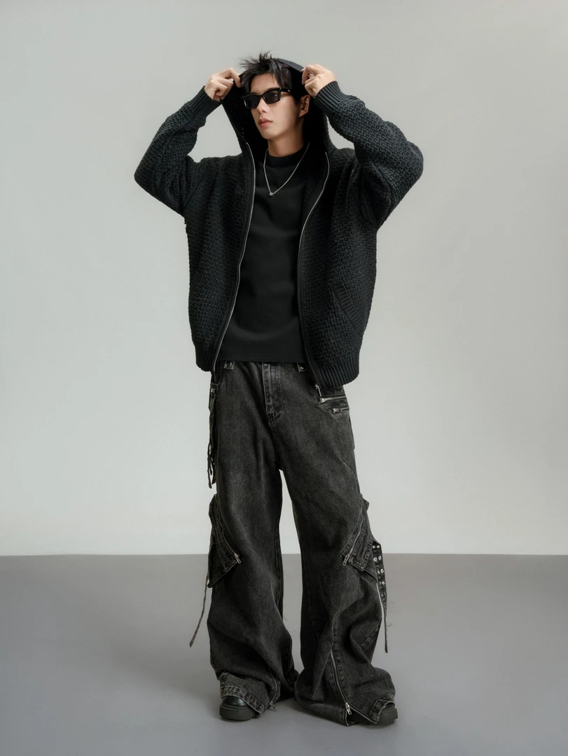 8829开衫黑色款常规厚款保暖长袖带帽秋冬毛衣破洞百搭开衫水洗