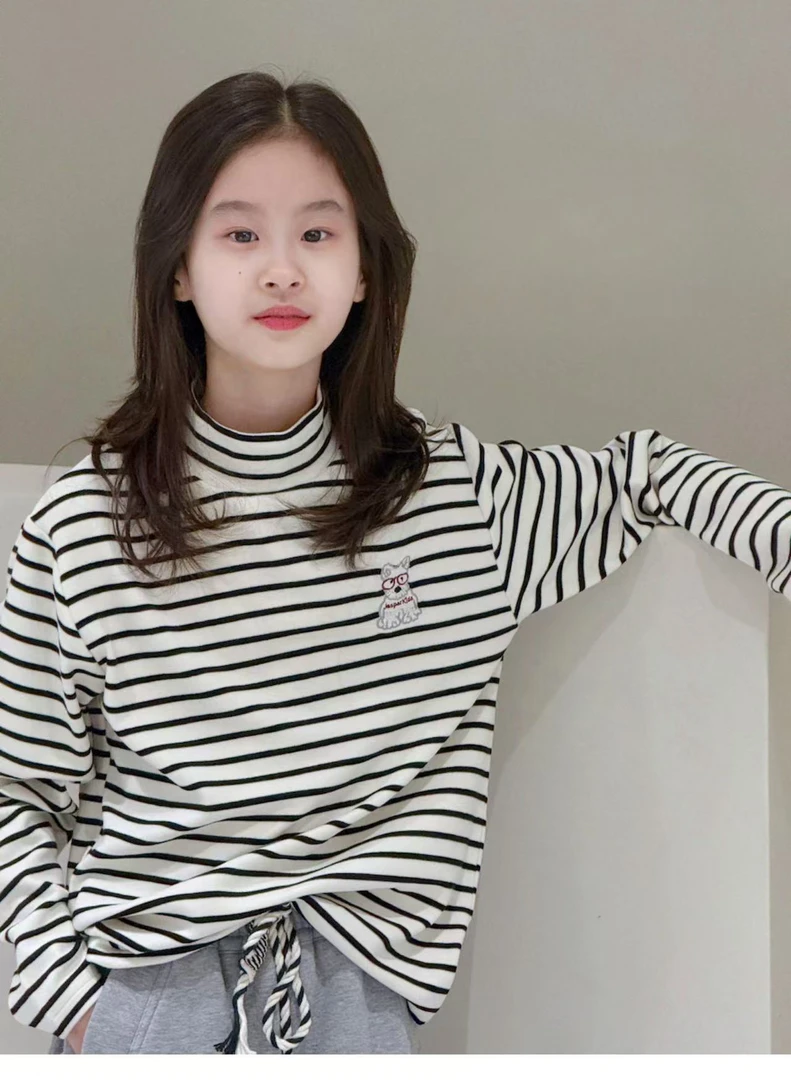 现货童装女童条纹打底衫2024冬装男童中大童双面磨毛内搭长袖T恤