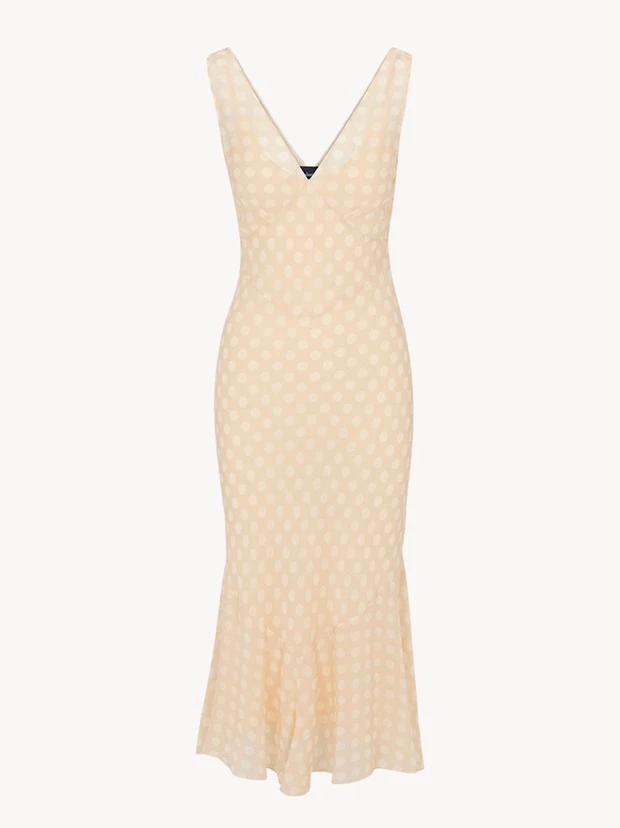 波点印花V领鱼尾连衣裙