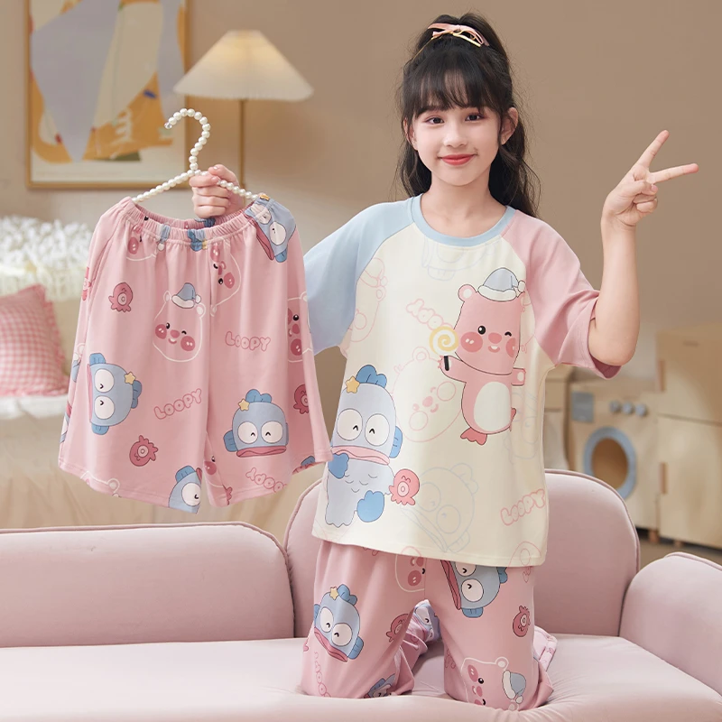 儿童夏季短袖睡衣女童纯棉新款套装中大童女孩洋气亲子卡通家居服