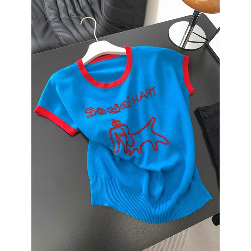 好听鸭克莱因蓝小狗印花坎肩短袖T恤女夏新款多巴胺小众气质上衣