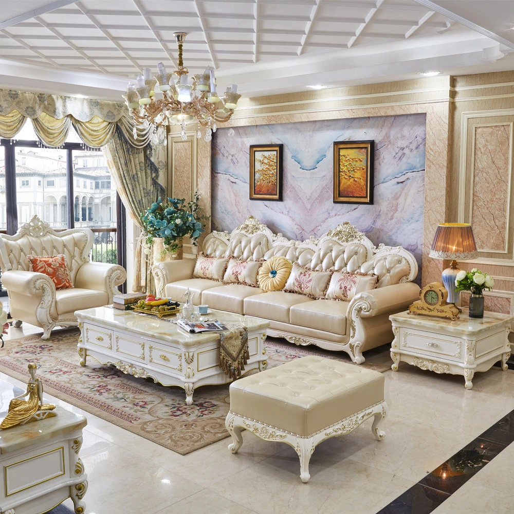 欧式真皮沙发一字型直排四人位客厅组合简欧美式轻奢实木雕花家具