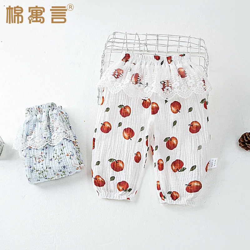 夏季儿童蕾丝花边萝卜裤可爱宝宝防蚊裤洋气纯棉纱布休闲裤束脚裤