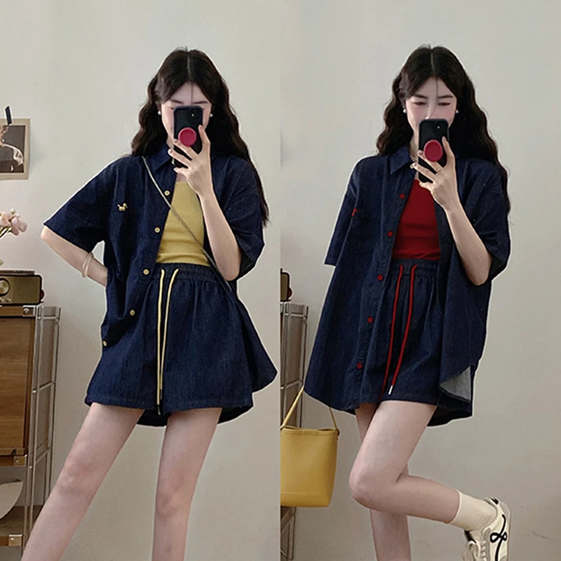 高级感牛仔套装复古韩版女2025春夏新款马甲衬衫阔腿短裤两件套潮