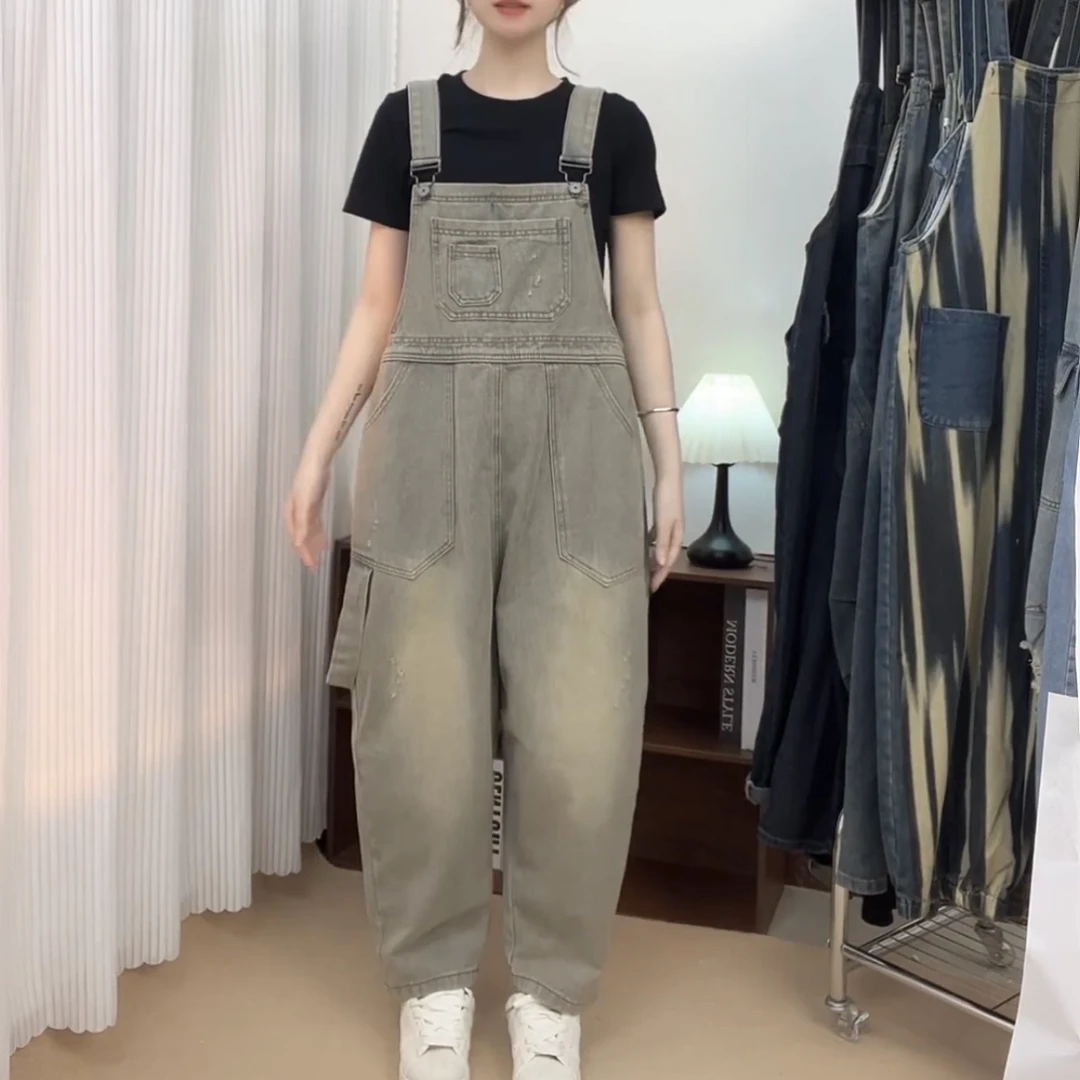 2025早春新款水洗吊带大码宽松阔腿减龄显瘦连体牛仔背带裤女