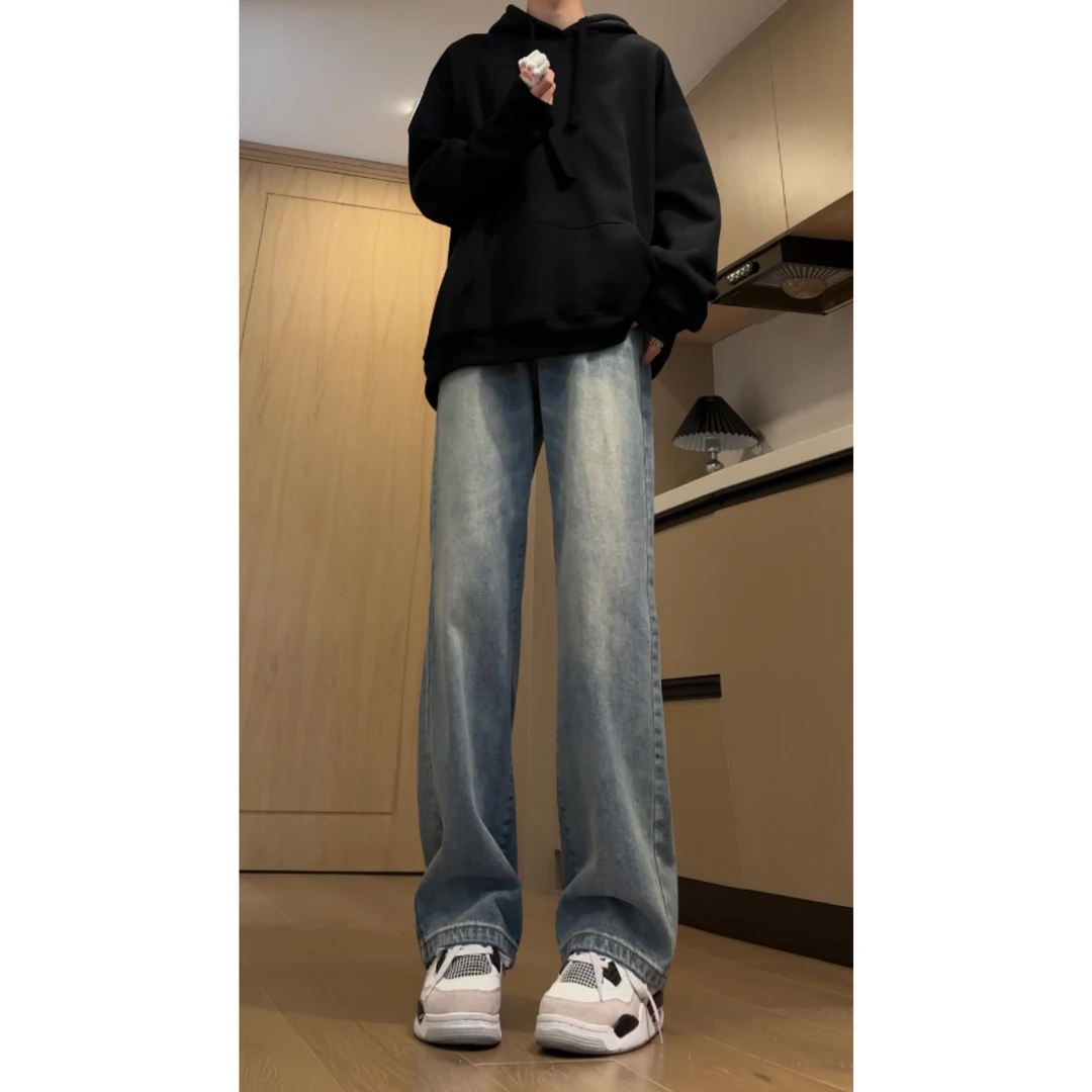 美式高街水洗复古牛仔裤男秋季潮牌宽松休闲做旧显腿长直筒长裤