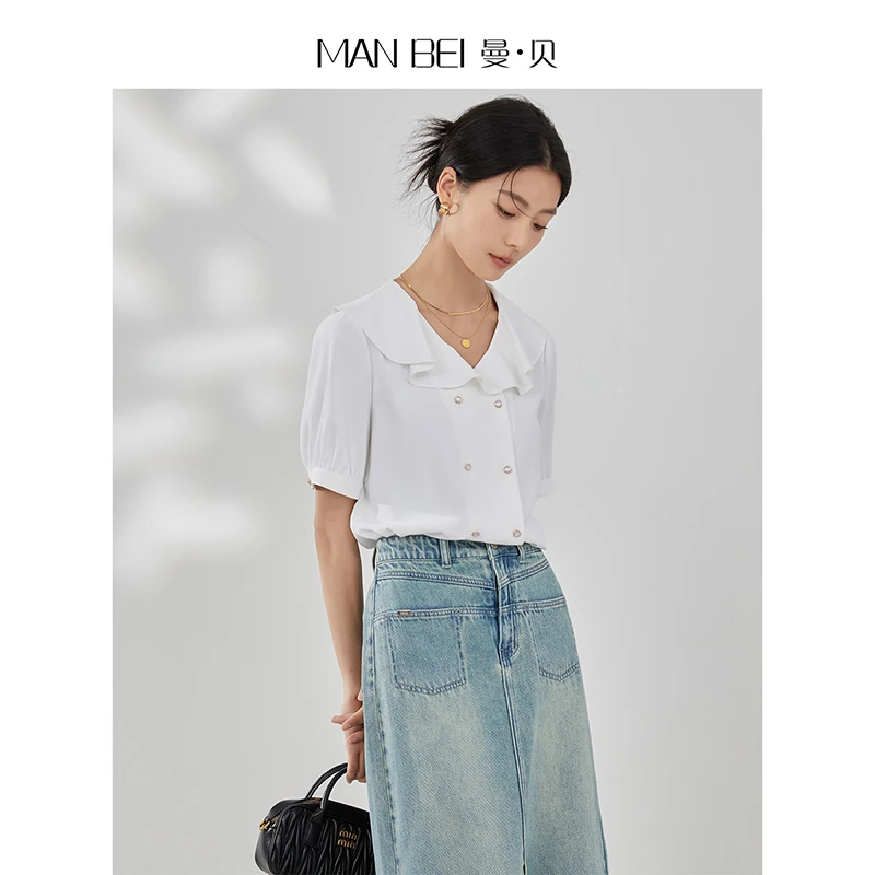 【曼贝】轻奢风短袖衬衫女时尚百搭设计感职业上衣8492052【甜甜】