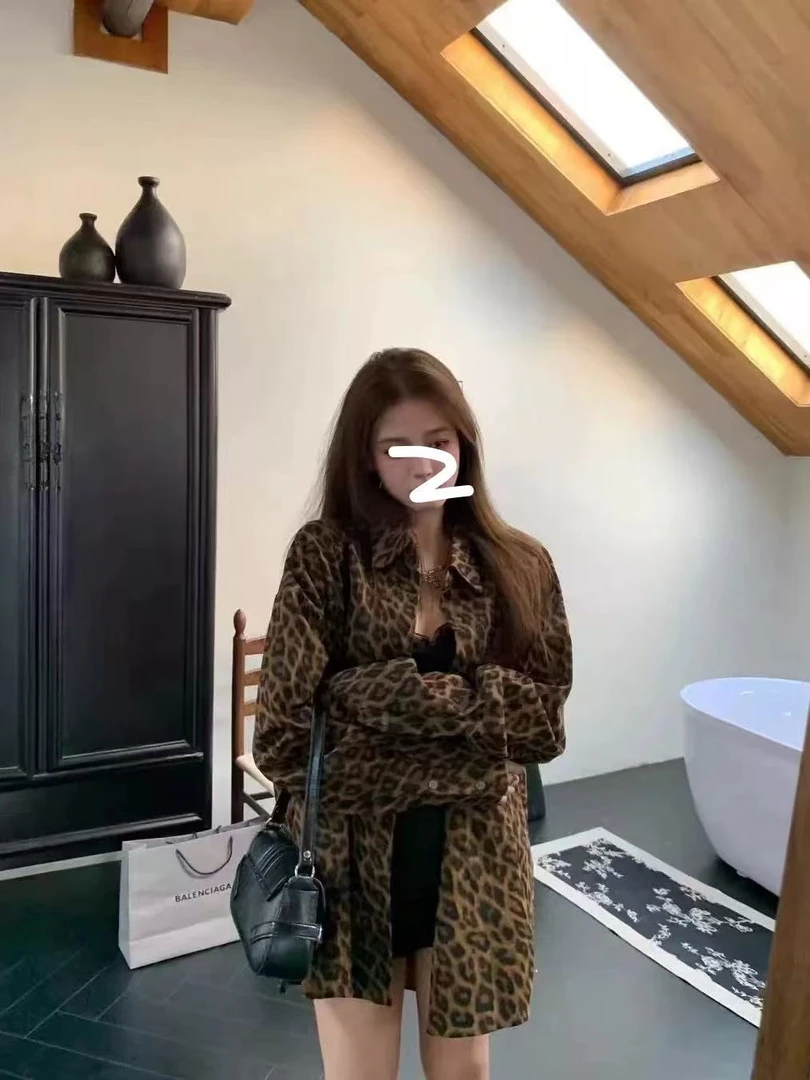 豹纹防麂皮绒外套春秋季美式复古宽松慵懒中长款