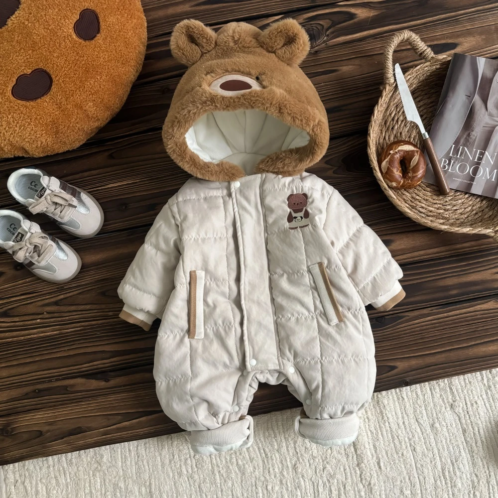 2024新品冬季婴儿连体衣外出服韩版小熊连帽加厚保暖柔软宝宝爬服