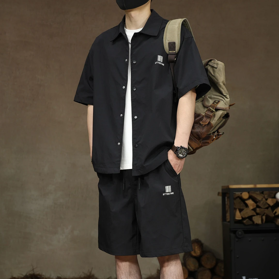 高端美式夏季新款工装短袖衬衫短裤套装男潮牌宽松休闲印花两件套