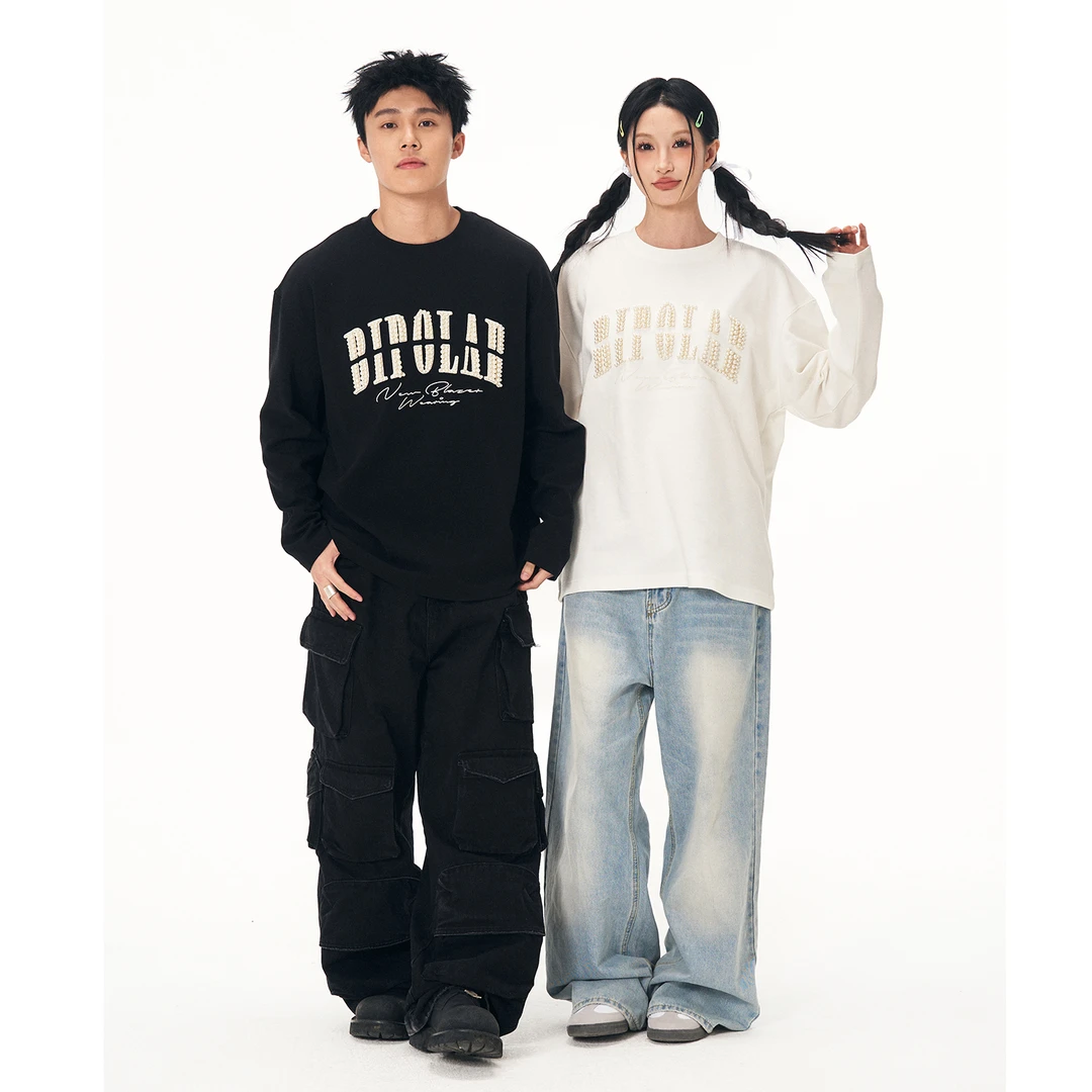 BIPOLAR珍珠贴布华夫格长袖T恤 11B465