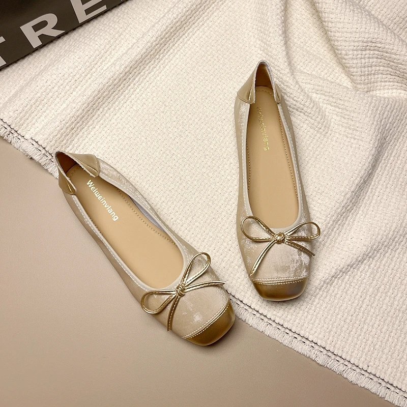 软底小香风玛丽珍鞋拼色芭蕾舞鞋蝴蝶结银色单鞋新款平底大码女鞋