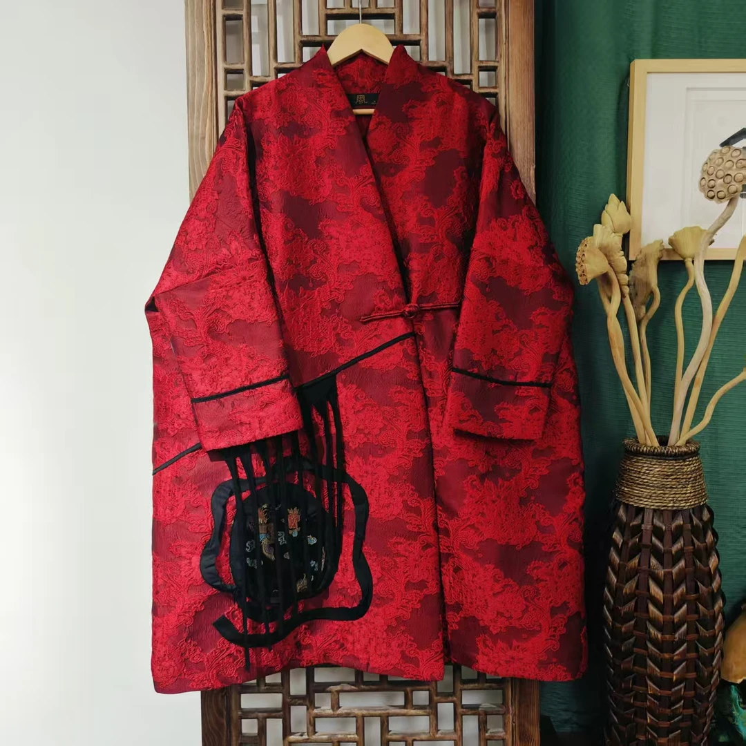 棉（LS741-2）凤徕兮私人定制红色浮雕立体提花斜襟一字扣薄棉服