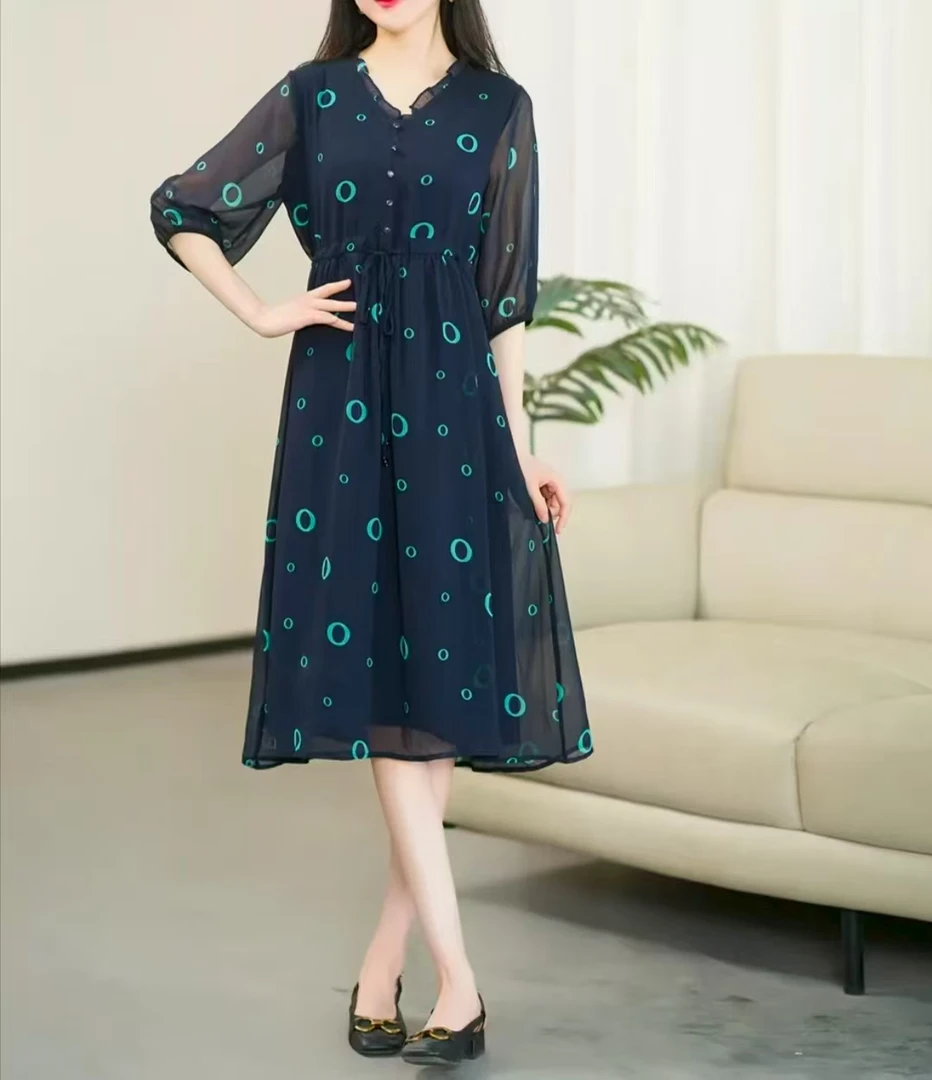 （仲夏之夜  ）夏2025蚕丝款扎染印花高腰显高显瘦气质连衣裙8001