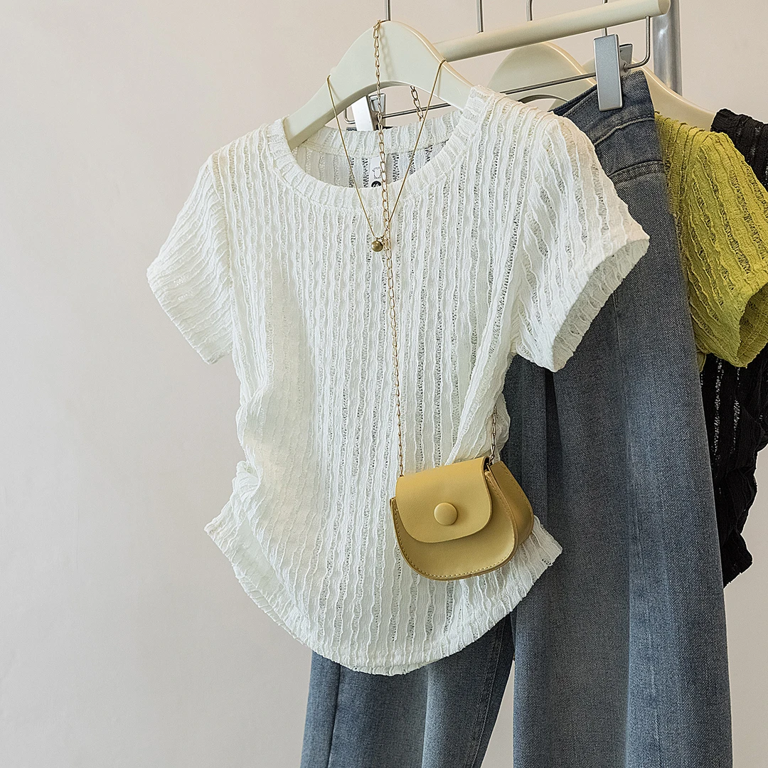 yoewshean/羽媗夏季微胖mm大码女装法式褶皱设计显瘦短袖t恤上衣