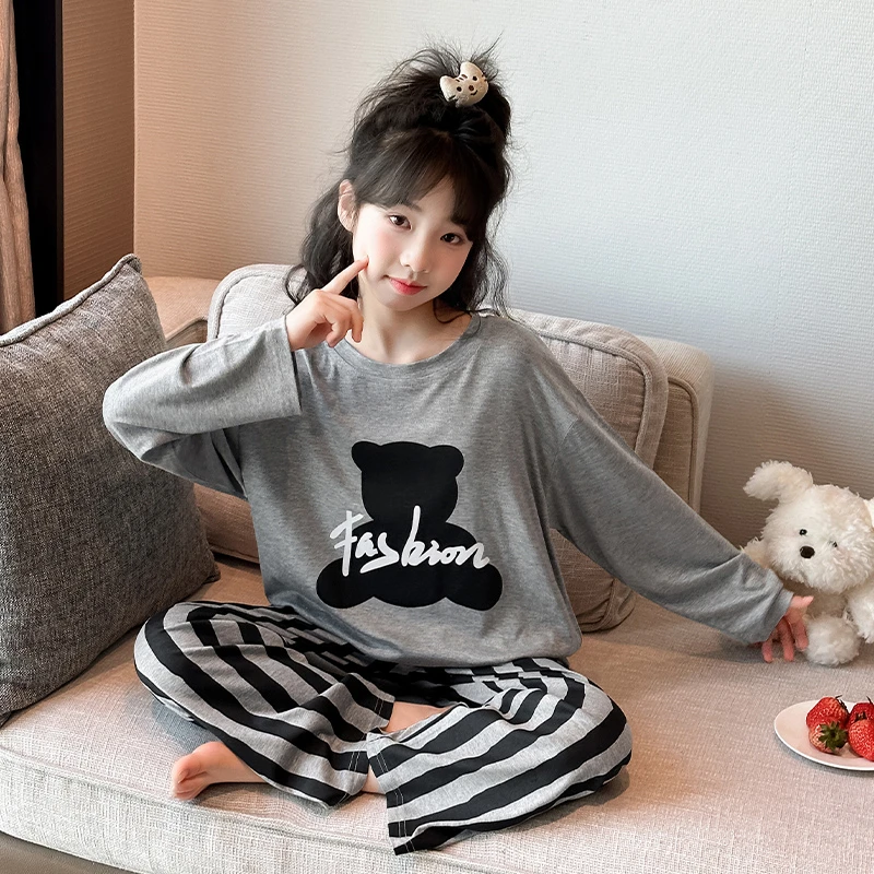 儿童小熊睡衣女大童春秋季莫代尔长袖韩版休闲圆领女孩家居服套装