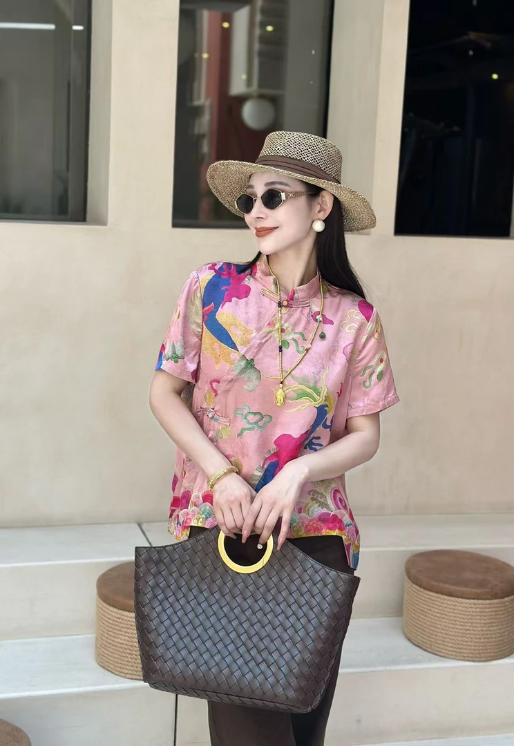 夏季高端时尚百搭洋气显瘦新中式粉色祥云花螺无袖上衣YT2221C-39