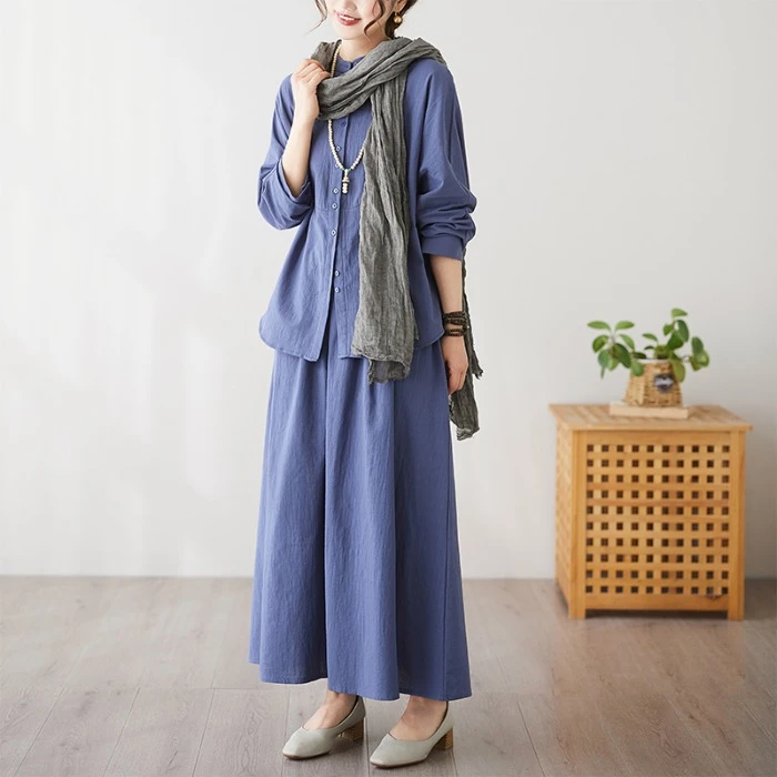 高级感时尚休闲两件套复古棉麻文艺立领衬衣半身裙宽松百搭套装女