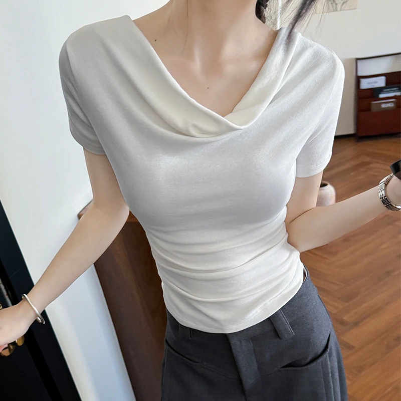 法式一字肩短袖t恤女夏季新款甜辣设计感叠肩打底衫收腰修身上衣