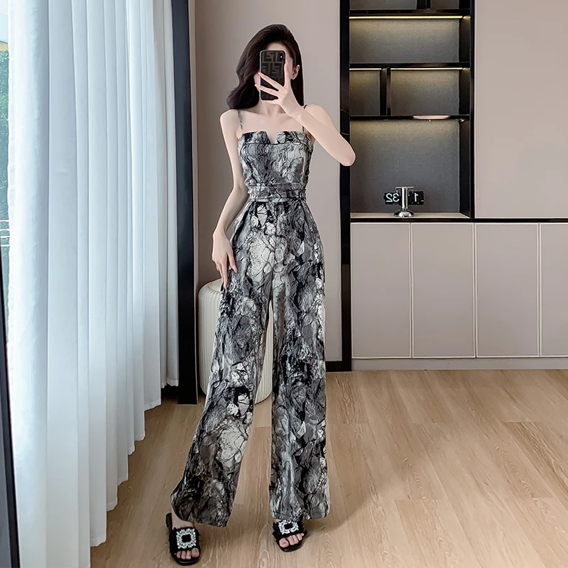 小个子连体衣女薄款高级感连身阔腿裤水墨印花吊带连体裤