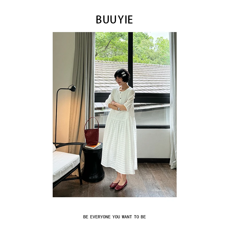BUUYIE 25SS【‌‌新雪】文艺风轻奢新款清新白色连衣裙 250573